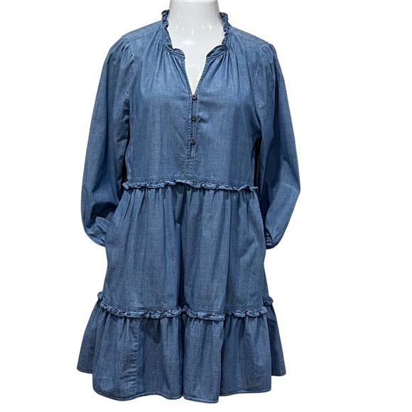 J Crew Chambray Ruffle Mini Dress, Pockets, 12 - Picture 1 of 10